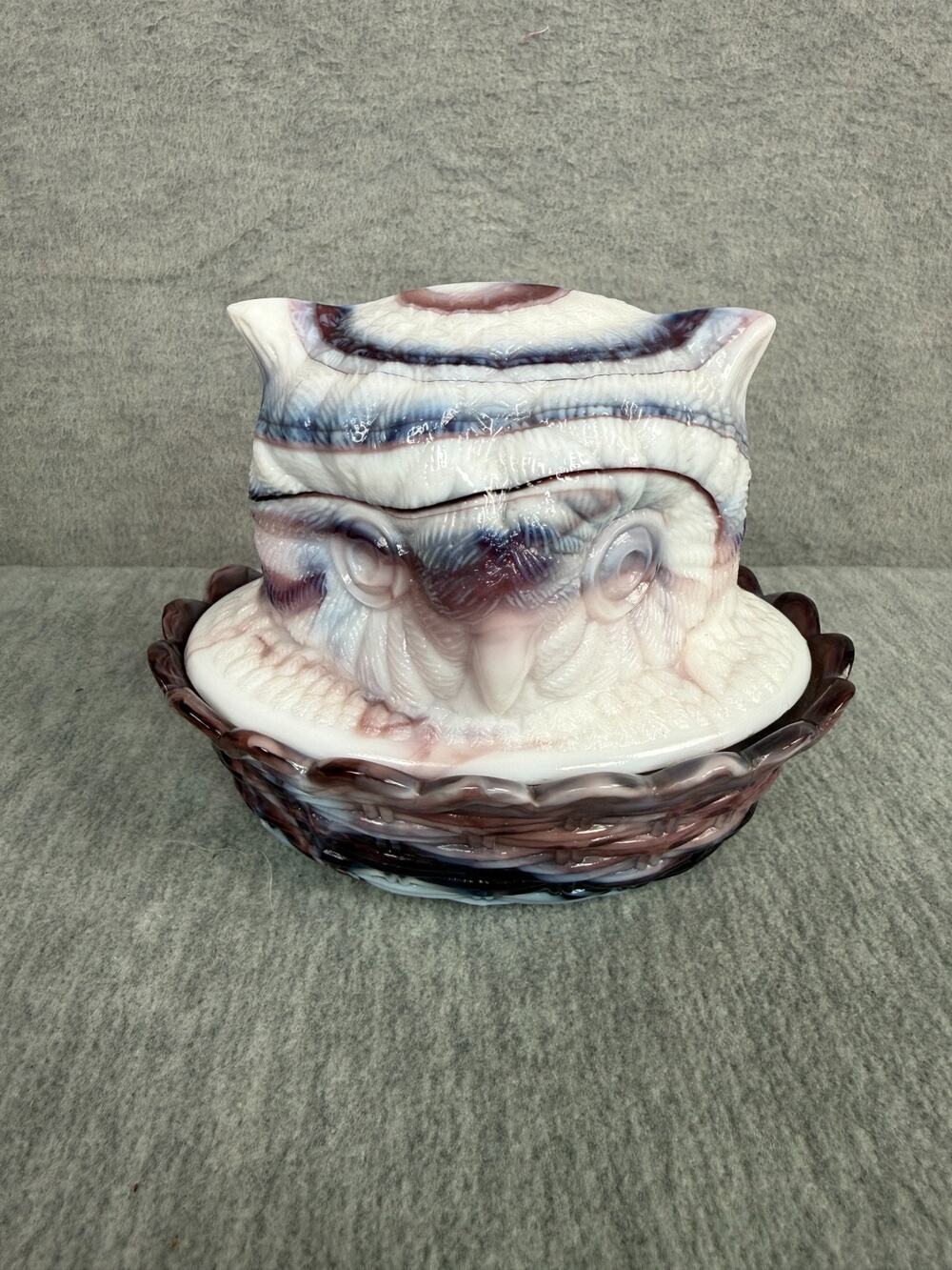 Vintage Purple Amethyst & White Slag Glass Owl on Nest Covered Dish Unmarked